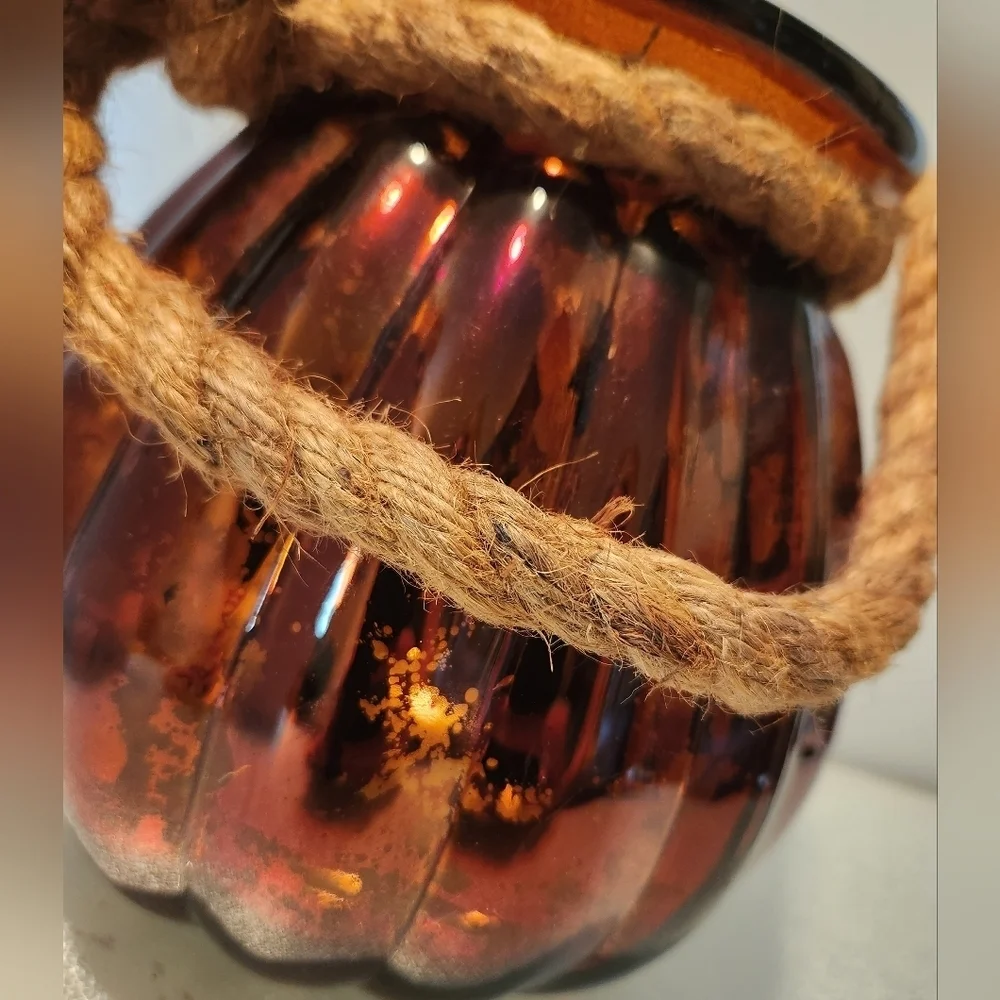 Glass iridescent‎ orange pumpkin shaped fall vase with rustic rope detail handle
